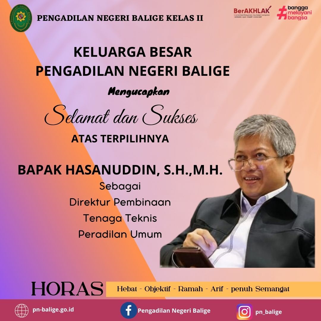Selamat & Sukses atas terpilihnya Bapak Hasanudin, S.H., M.H.  sebagai Direktur Pembinaan Tenaga Teknis Peradilan Umum